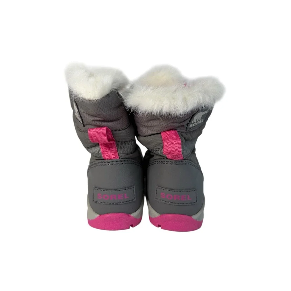 Sorel Youth Girls Pink Grey Whitney Nylon Snow Boots Faux Fur Lined Sz 1Y No Box